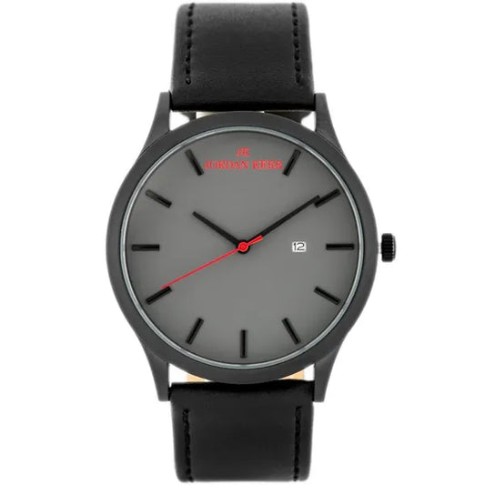 Férfi kvarc karóra fekete bőrszíjjal, szürke számlap, dátumkijelző, 45 mm