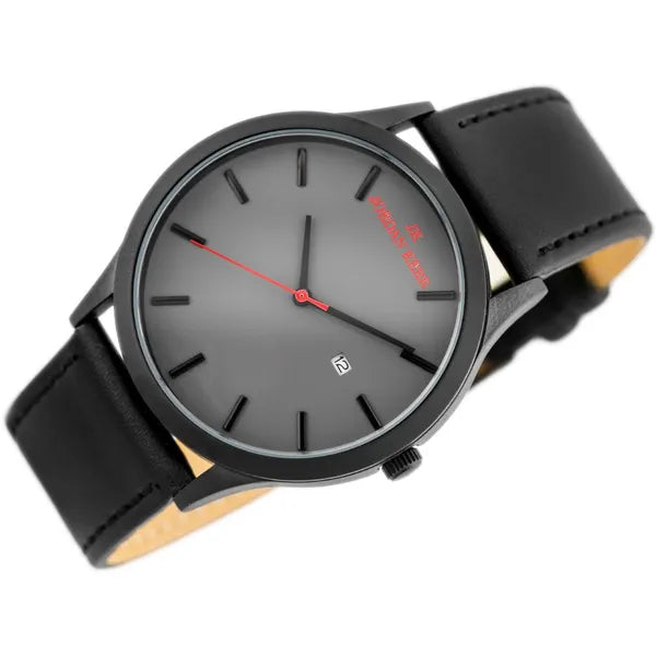 Férfi kvarc karóra fekete bőrszíjjal, szürke számlap, dátumkijelző, 45 mm