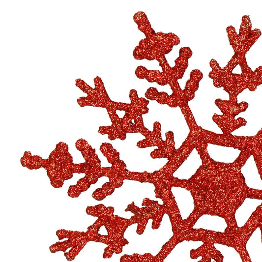 Piros glitteres műanyag hópihe dísz, 12 cm, 3 db