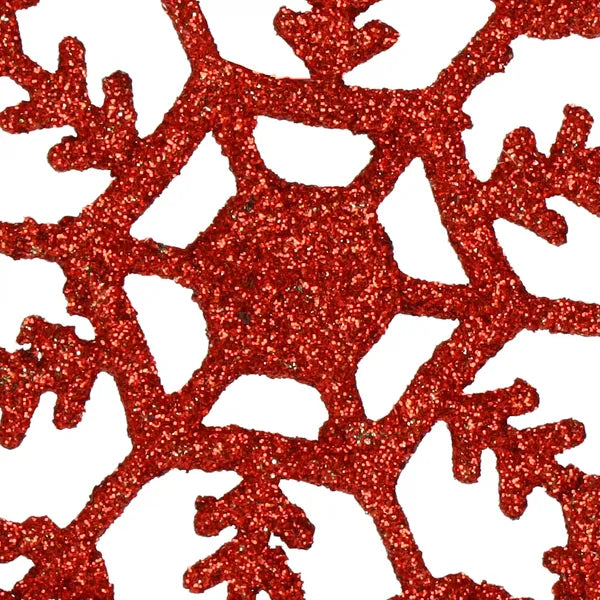 Piros glitteres műanyag hópihe dísz, 12 cm, 3 db