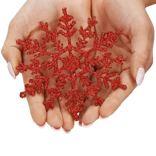 Piros glitteres műanyag hópihe dísz, 12 cm, 3 db
