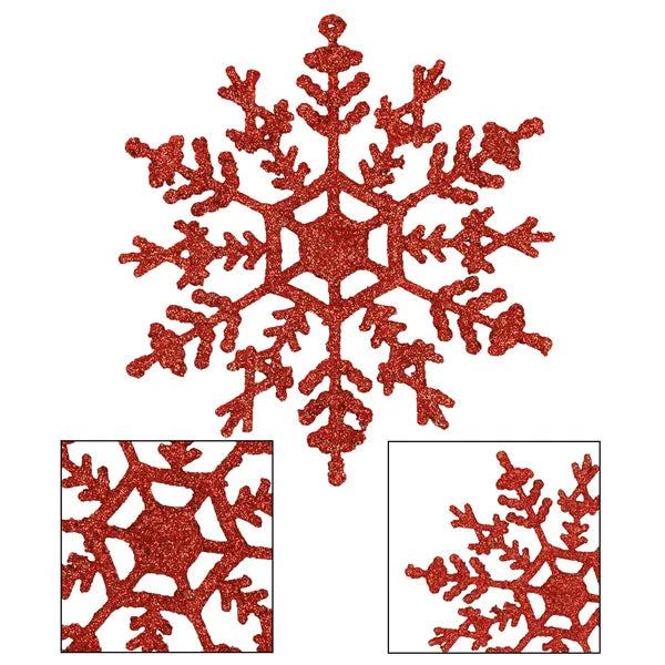 Piros glitteres műanyag hópihe dísz, 12 cm, 3 db
