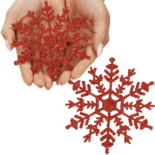 Piros glitteres műanyag hópihe dísz, 12 cm, 3 db