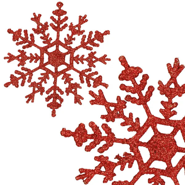 Piros glitteres műanyag hópihe dísz, 12 cm, 3 db