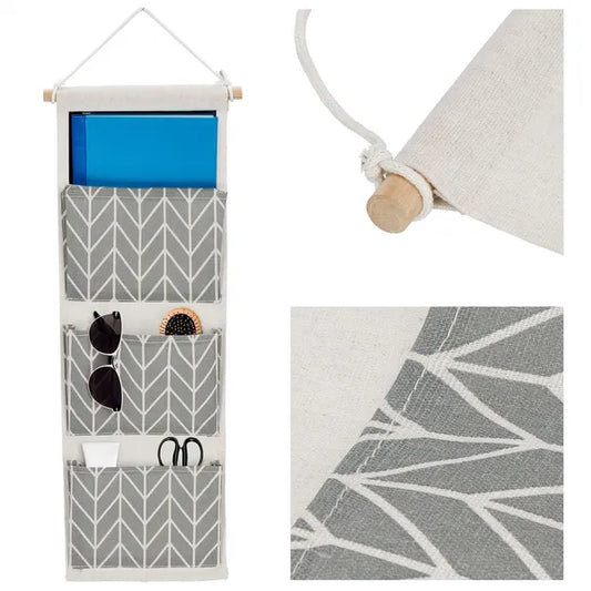 Falra szerelhető szürke 3 zsebes textil tároló 58x20 cm