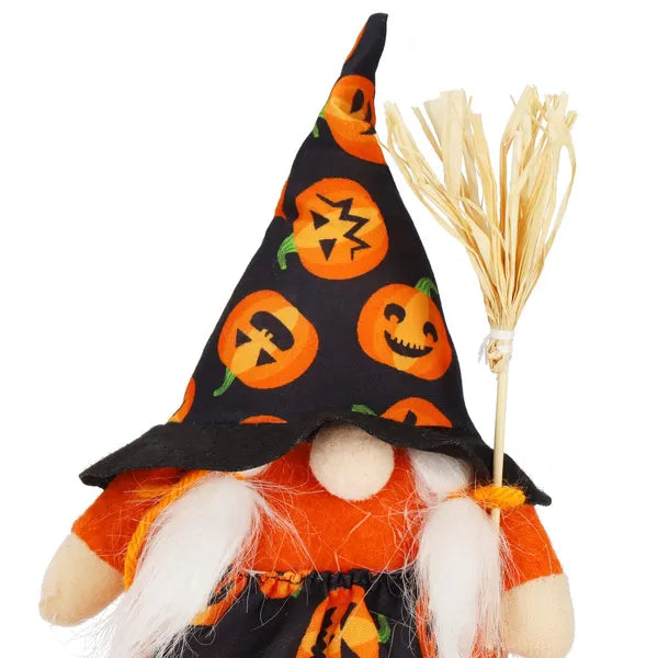 Karácsonyi dekorációs női gnóm figura, narancs–fekete, 20 cm