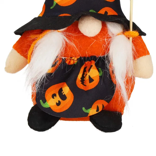 Karácsonyi dekorációs női gnóm figura, narancs–fekete, 20 cm