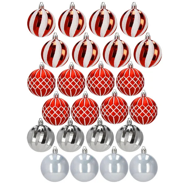 Törhetetlen karácsonyfadísz gömb szett, 24 db, 6 cm, piros/szürke/ezüst