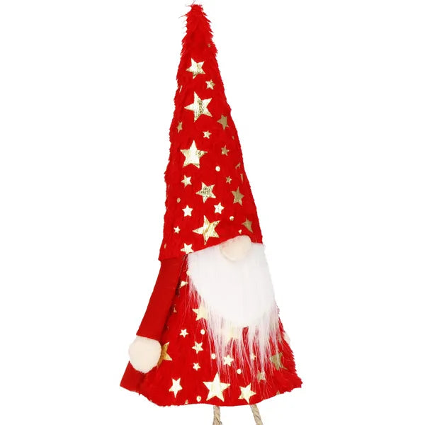 Karácsonyi filc manó dísz, csillagmintás, piros-fehér-arany, 35 cm
