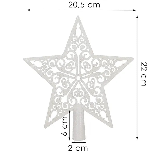 Karácsonyi csillagfa-dísz, fehér csillámos, 20,5×21,5 cm menetes talp