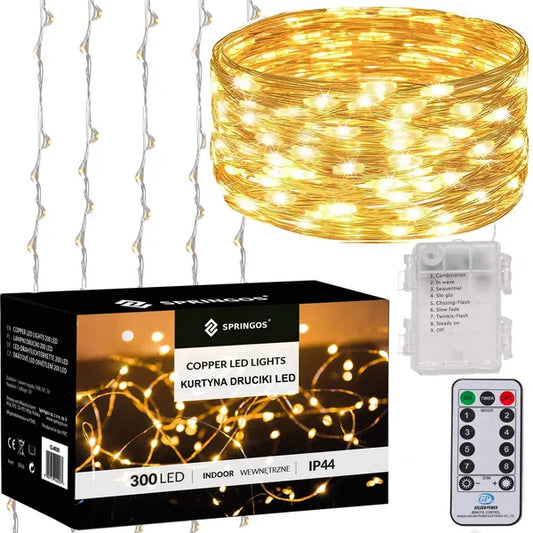 Fényfüggöny 300 meleg fehér LED, 3×3 m, elemes, távirányítós, IP44
