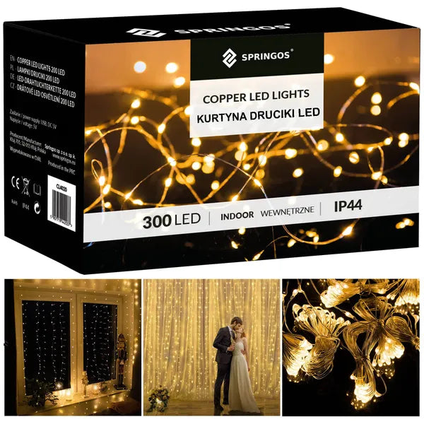 Fényfüggöny 300 meleg fehér LED, 3×3 m, elemes, távirányítós, IP44