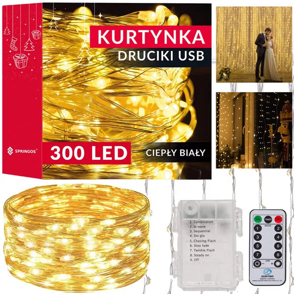 Fényfüggöny 300 meleg fehér LED, 3×3 m, elemes, távirányítós, IP44