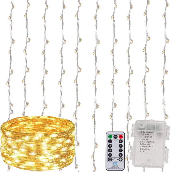 Fényfüggöny 300 meleg fehér LED, 3×3 m, elemes, távirányítós, IP44