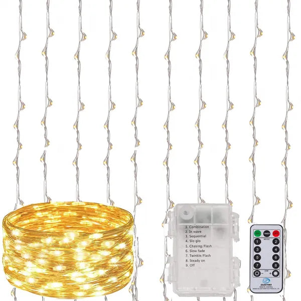 Fényfüggöny 300 meleg fehér LED, 3×3 m, elemes, távirányítós, IP44