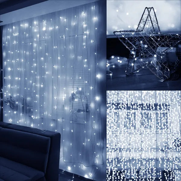 LED fényfüggöny 3x3 m, 300 micro LED, hideg fehér, IP44, elemes