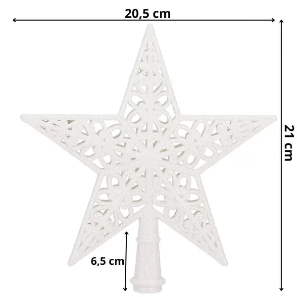 Fehér csillogó karácsonyi csillag dísz, 20×21 cm, menetes rögzítéssel