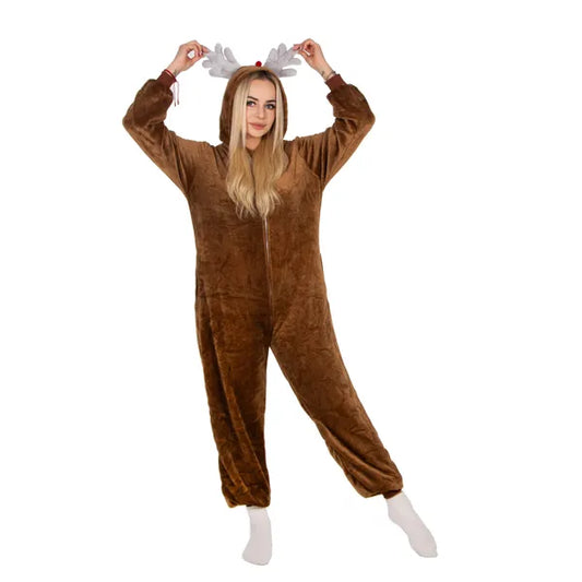 Springos rénszarvas mintás kigurumi pizsama, barna, M