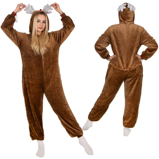 Rénszarvas kigurumi pizsama – barna L, 100% poliészter, dupla cipzár