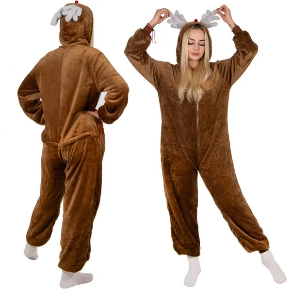 Rénszarvas kigurumi pizsama – barna L, 100% poliészter, dupla cipzár