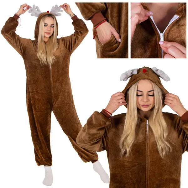 Rénszarvas kigurumi pizsama – barna L, 100% poliészter, dupla cipzár