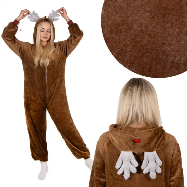 Rénszarvas kigurumi pizsama – barna L, 100% poliészter, dupla cipzár