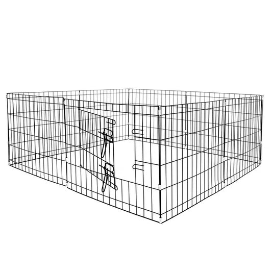 Fekete, fém, 8 elemes összecsukható kutya kifutó, Ø155×61 cm, ajtós
