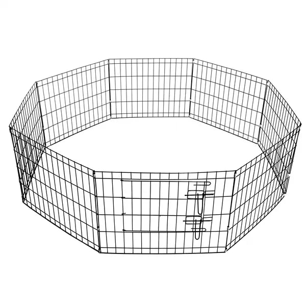 Fekete, fém, 8 elemes összecsukható kutya kifutó, Ø155×61 cm, ajtós