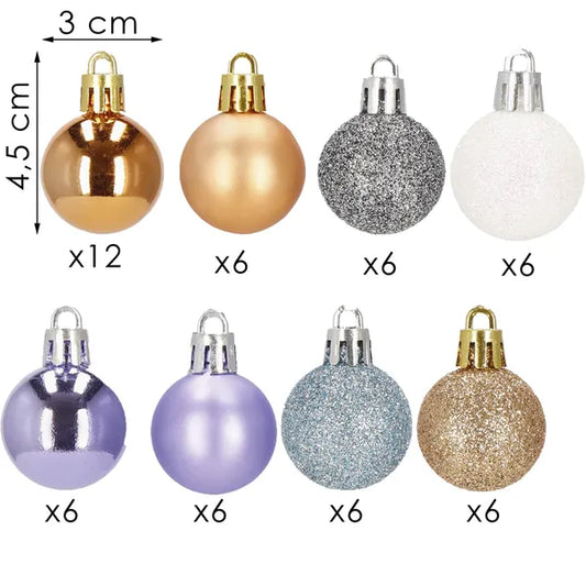 Karácsonyfadísz gömb szett, 3 cm, 54 db, törhetetlen, vegyes színek