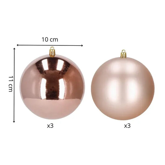 Törhetetlen karácsonyfagömb készlet, 10 cm, 6 db, rózsaarany műanyag