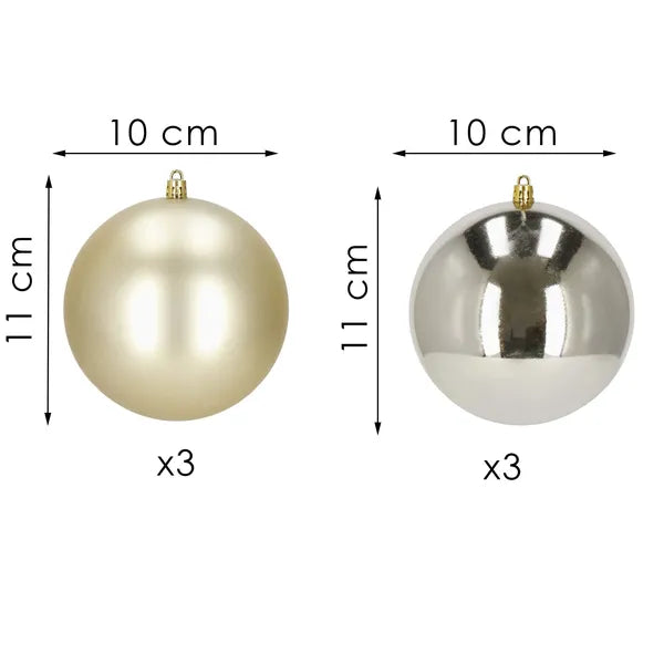 Arany karácsonyi gömb dísz készlet, 10 cm, 6 db, törhetetlen, matt/fényes