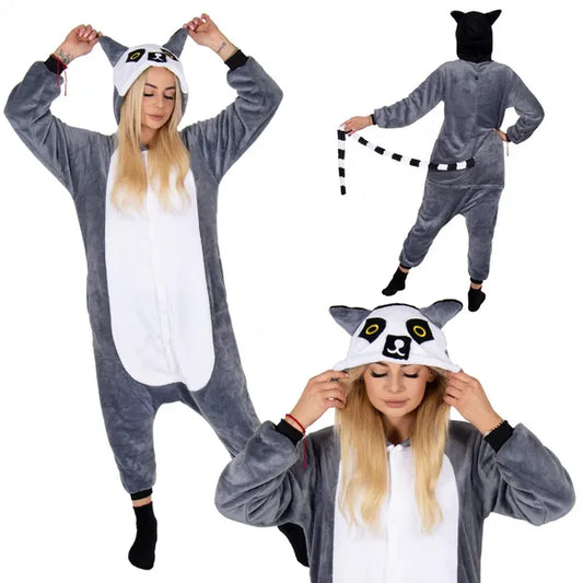 Lemur kigurumi kapucnis pizsama, M méret, 100% poliészter, multikolor