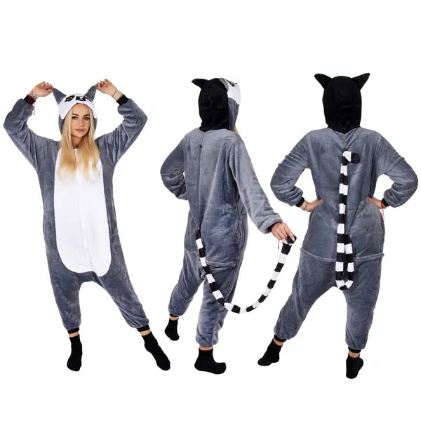 Lemur kigurumi kapucnis pizsama, M méret, 100% poliészter, multikolor