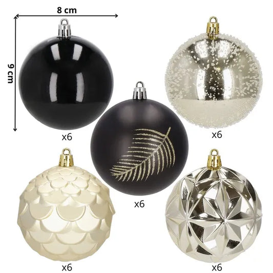Törhetetlen karácsonyfadísz gömb készlet 30 db, 8 cm, arany-fekete