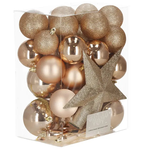 33 részes törhetetlen műanyag karácsonyfadísz-készlet, 5–8 cm, arany-rose gold