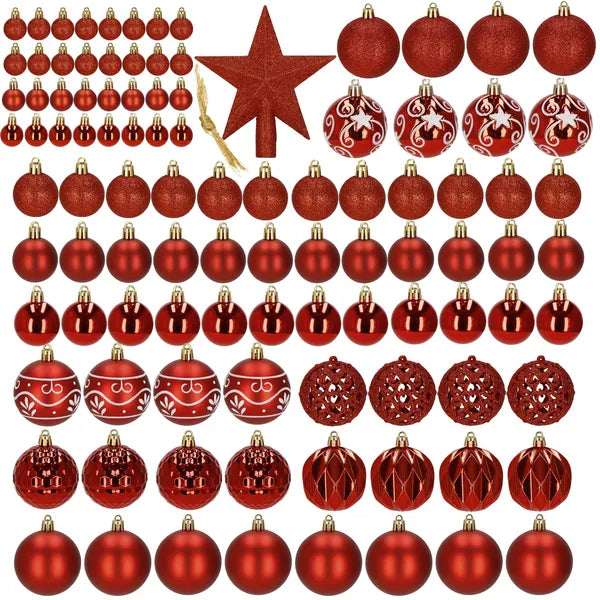 Karácsonyfadísz készlet 101 db, piros–fehér, törhetetlen műanyag gömbök 3-6 cm