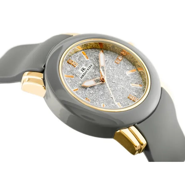 Női kvarc karóra szürke szilikon szíjjal, arany-szürke tok, csillámos ezüst 33 mm számlap