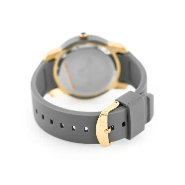 Női kvarc karóra szürke szilikon szíjjal, arany-szürke tok, csillámos ezüst 33 mm számlap