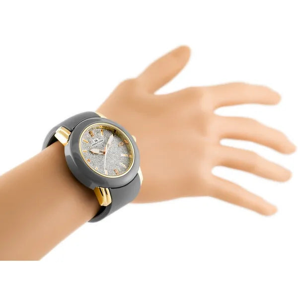 Női kvarc karóra szürke szilikon szíjjal, arany-szürke tok, csillámos ezüst 33 mm számlap