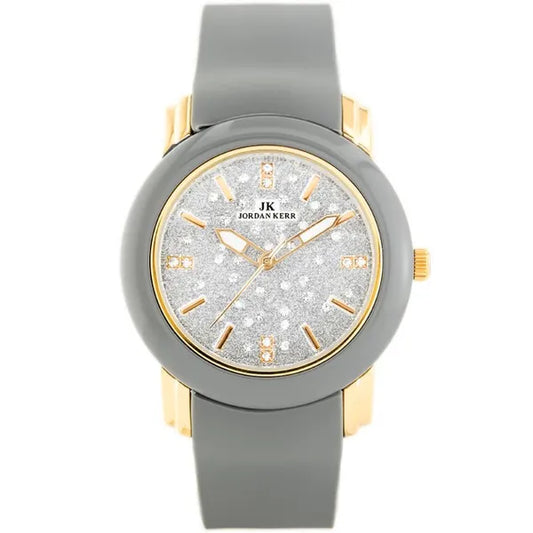 Női kvarc karóra szürke szilikon szíjjal, arany-szürke tok, csillámos ezüst 33 mm számlap