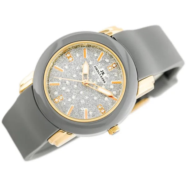 Női kvarc karóra szürke szilikon szíjjal, arany-szürke tok, csillámos ezüst 33 mm számlap