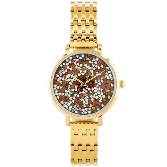 Női kvarc karóra, arany fém szíjjal, narancs-ezüst számlappal, 36 mm