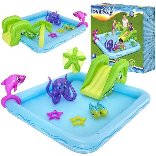 Bestway Aquarium felfújható gyerek vízi játszótér 239×206×86 cm csúszdával