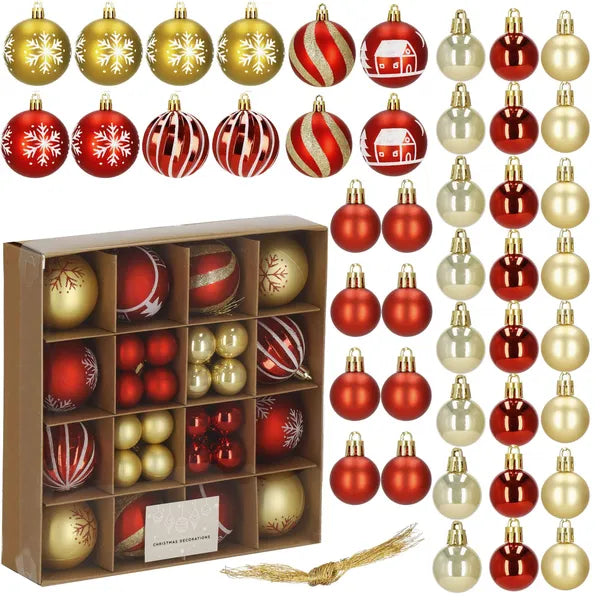 Törhetetlen karácsonyi gömb díszek, piros-arany, 42 db, 3–6 cm