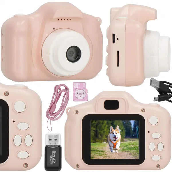 Gyerek digitális fényképezőgép, rózsaszín, Full HD 24 MP, 8 GB kártyával