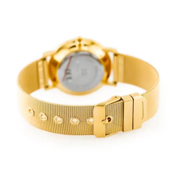 Női arany színű, cirkóniás számlapú 36 mm quartz karóra, fém szíj
