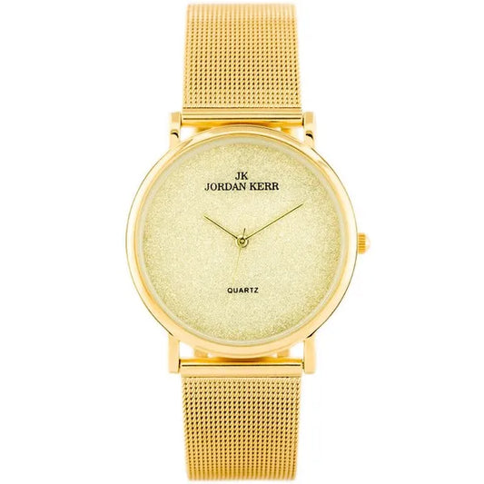 Női arany színű, cirkóniás számlapú 36 mm quartz karóra, fém szíj
