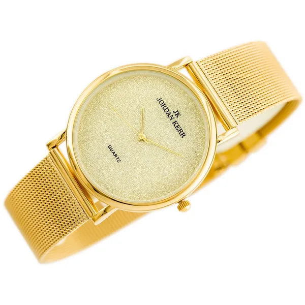 Női arany színű, cirkóniás számlapú 36 mm quartz karóra, fém szíj