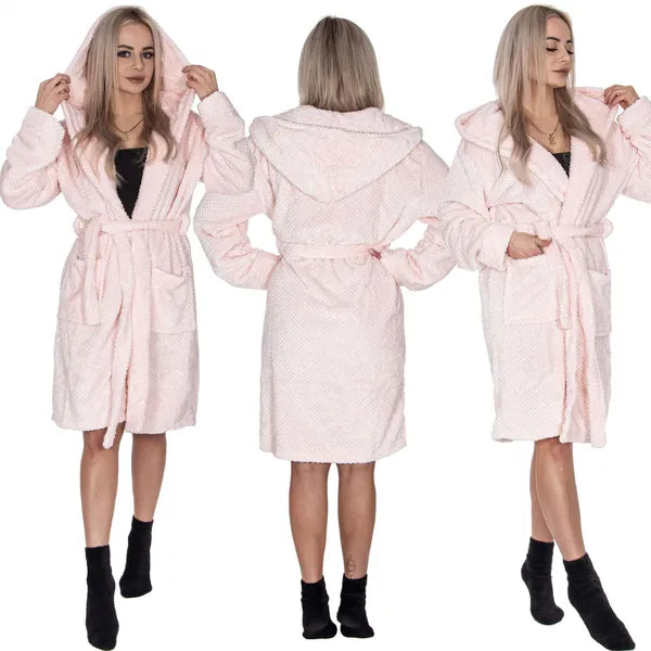 Női plüss köntös rózsaszín, kapucnis, L/XL, poliészter