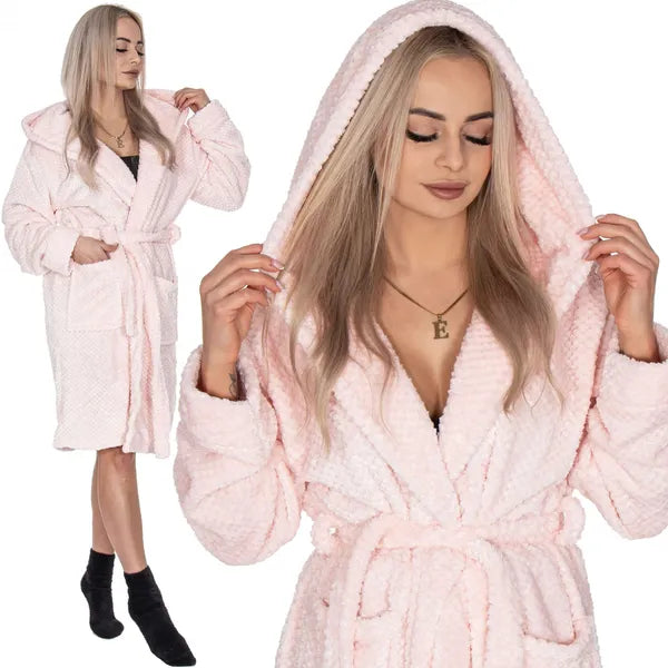 Női plüss köntös rózsaszín, kapucnis, L/XL, poliészter